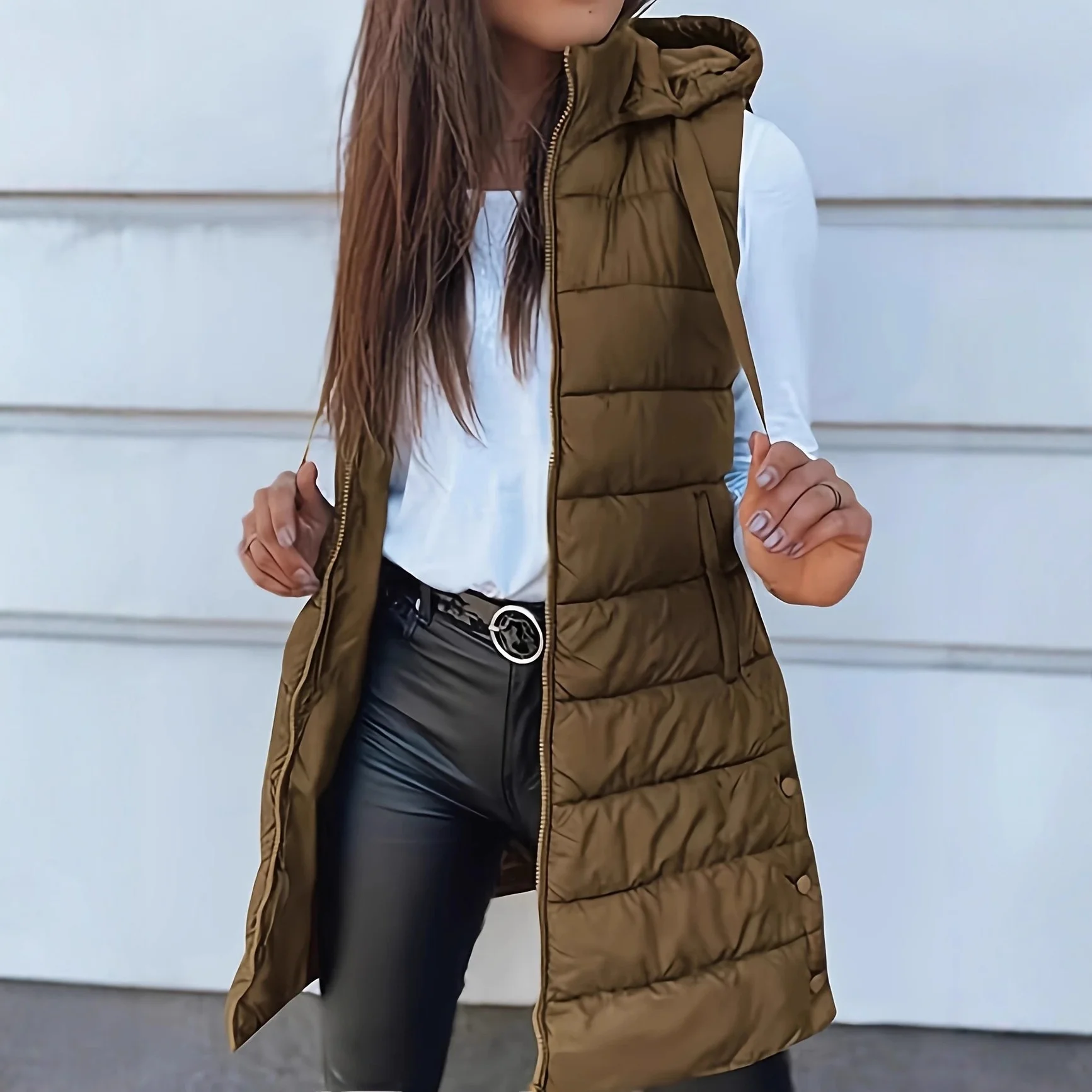 Gilet mi-long à capuche pour femmes, coupe cintrée, couleur Pure, transfrontalier, nouveaux vêtements d'extérieur en coton tricoté pour dames