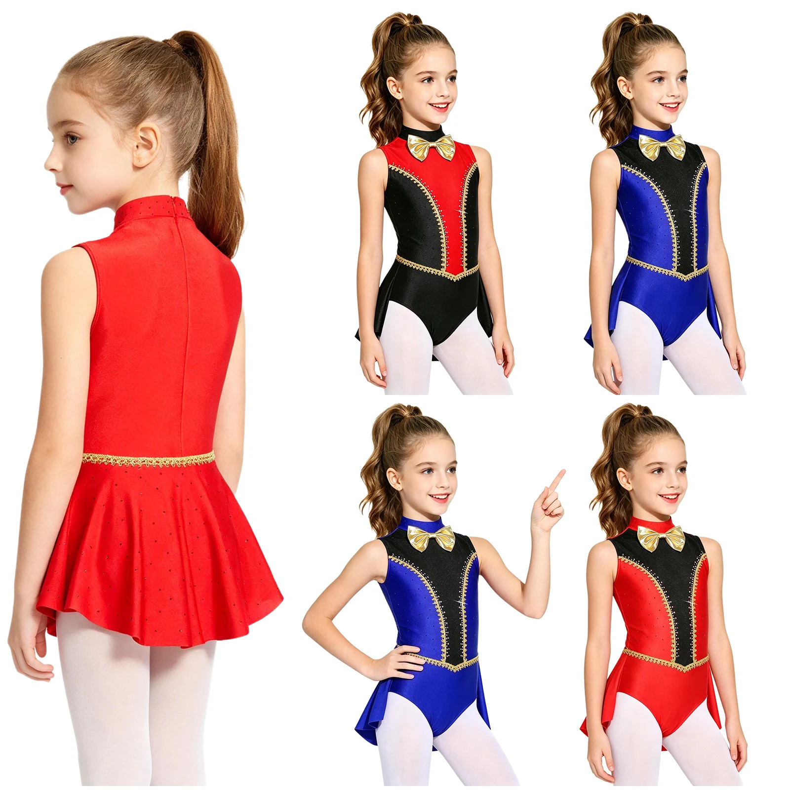 Kids Girls Circus Ringmaster Cosplay Costume Metallic Bowknot Sleeveless Leotard for Figure Skating Stage Performance Dress Up