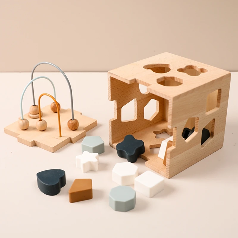 Juguetes Montessori de madera para bebé, bloques de forma geométrica de silicona, juguetes apilables a juego, caja de madera, rompecabezas