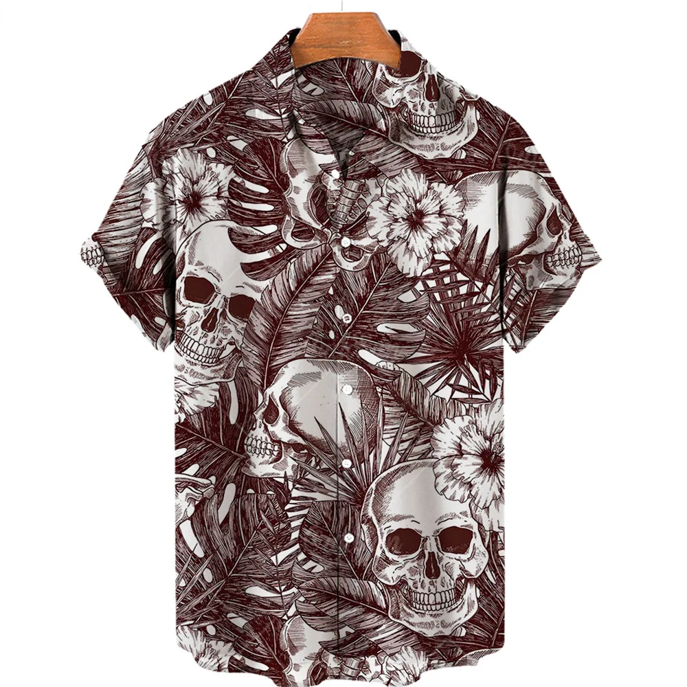 Skull Print Hawaiian Shirt Men Summer Short Sleeve Loose Beach Breathable Hip Hop Harajuku Top Oversize 5XL
