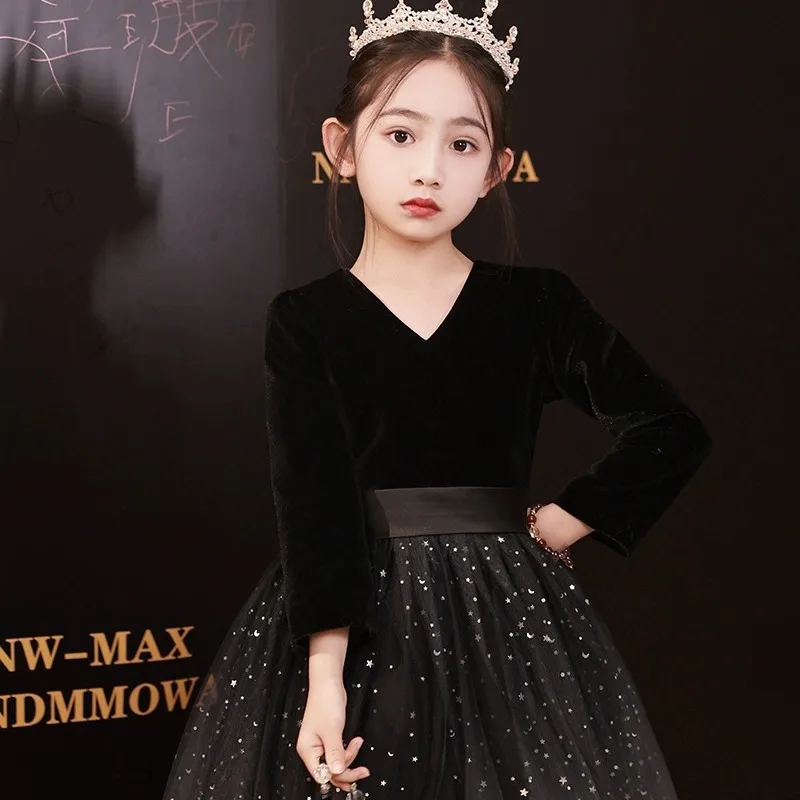 Fashion Girls Black Dresses Children Piano Performance Formal Costumes Kid Birthday Party Luxury Slim Fit Tulle Shiny Dress