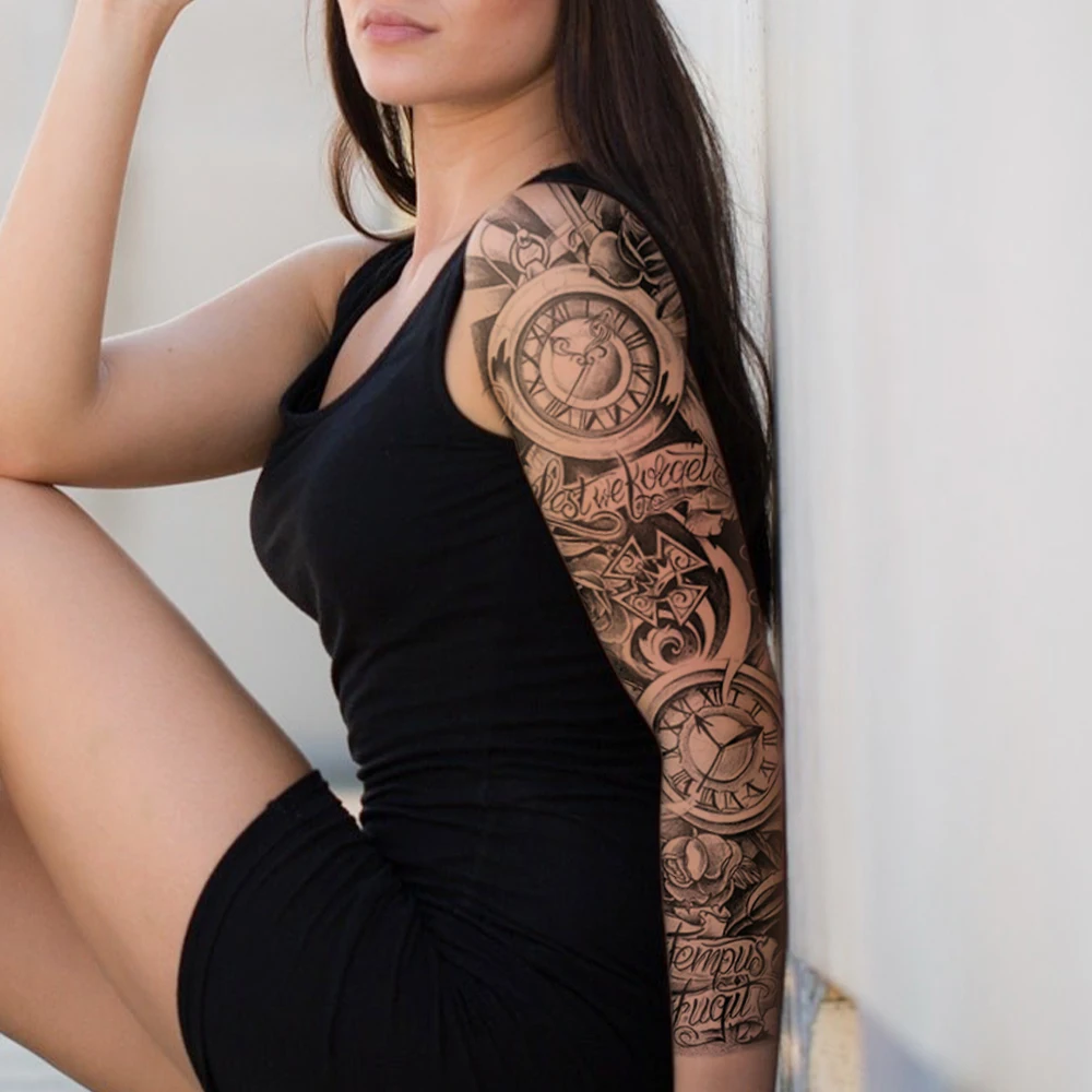 Clock Rose Large Full Arm Sleeve Waterproof Temporary Tattoo Sticker Gothic Tiger Butterfly Carp Fake Tato Body Art Men Women