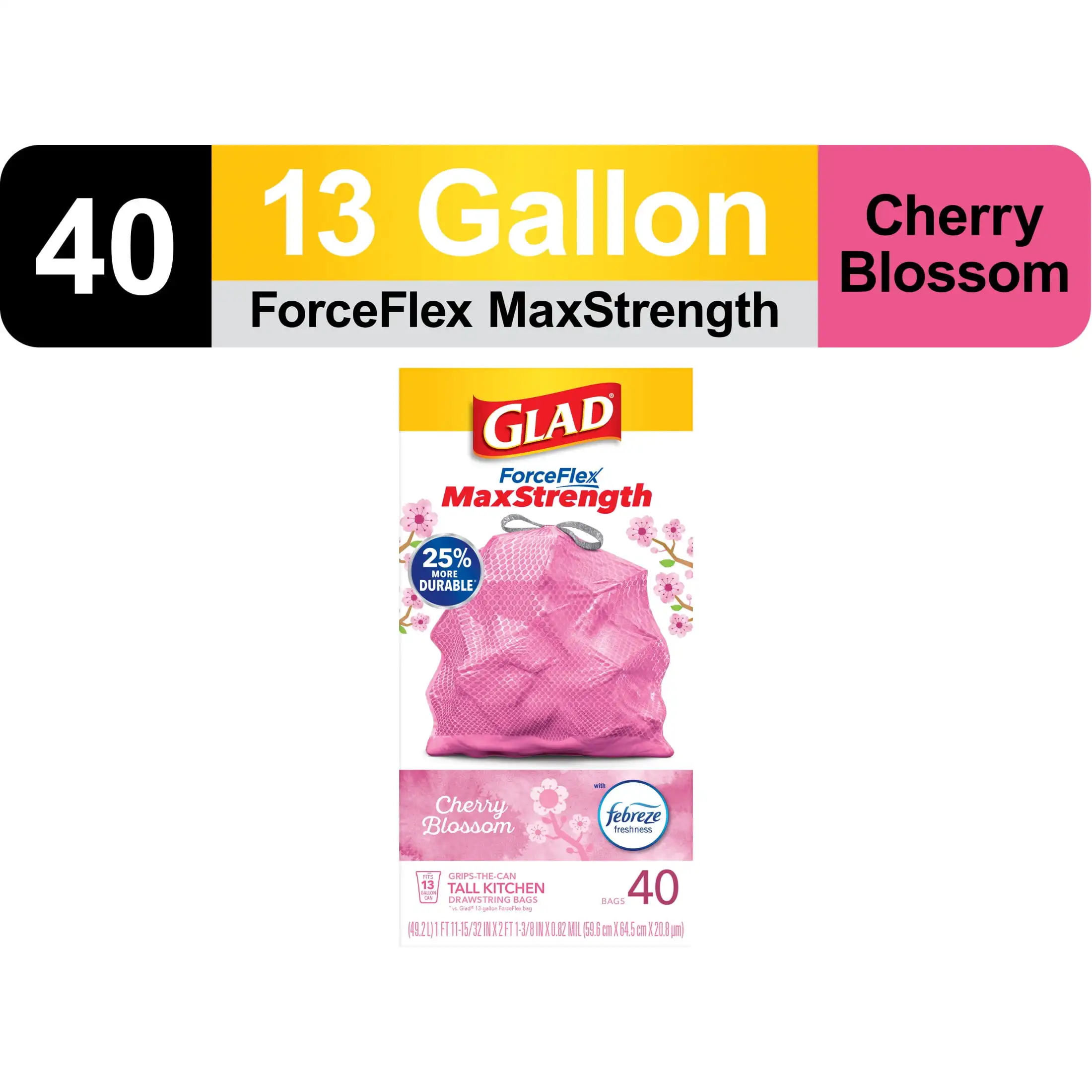 13 Gallon Tall Kitchen Drawstring Trash Bags Cherry Blossom 40 Bags Leak Protection Prevent Rips and Tears