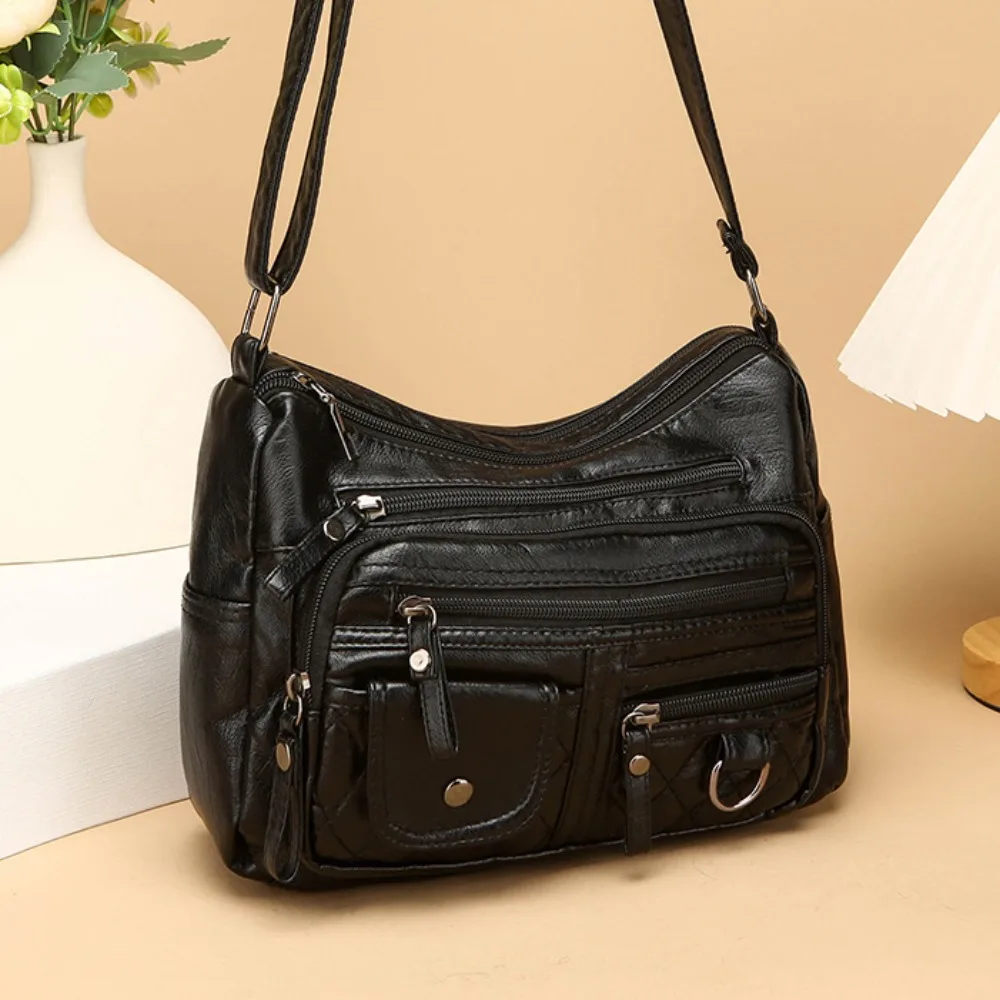 

Soft Multiple Zip Pockets Shoulder Bag Waterproof Retro Crossbody Mommy Bag Simple Solid Color Shopping Messenger Tote Elderly