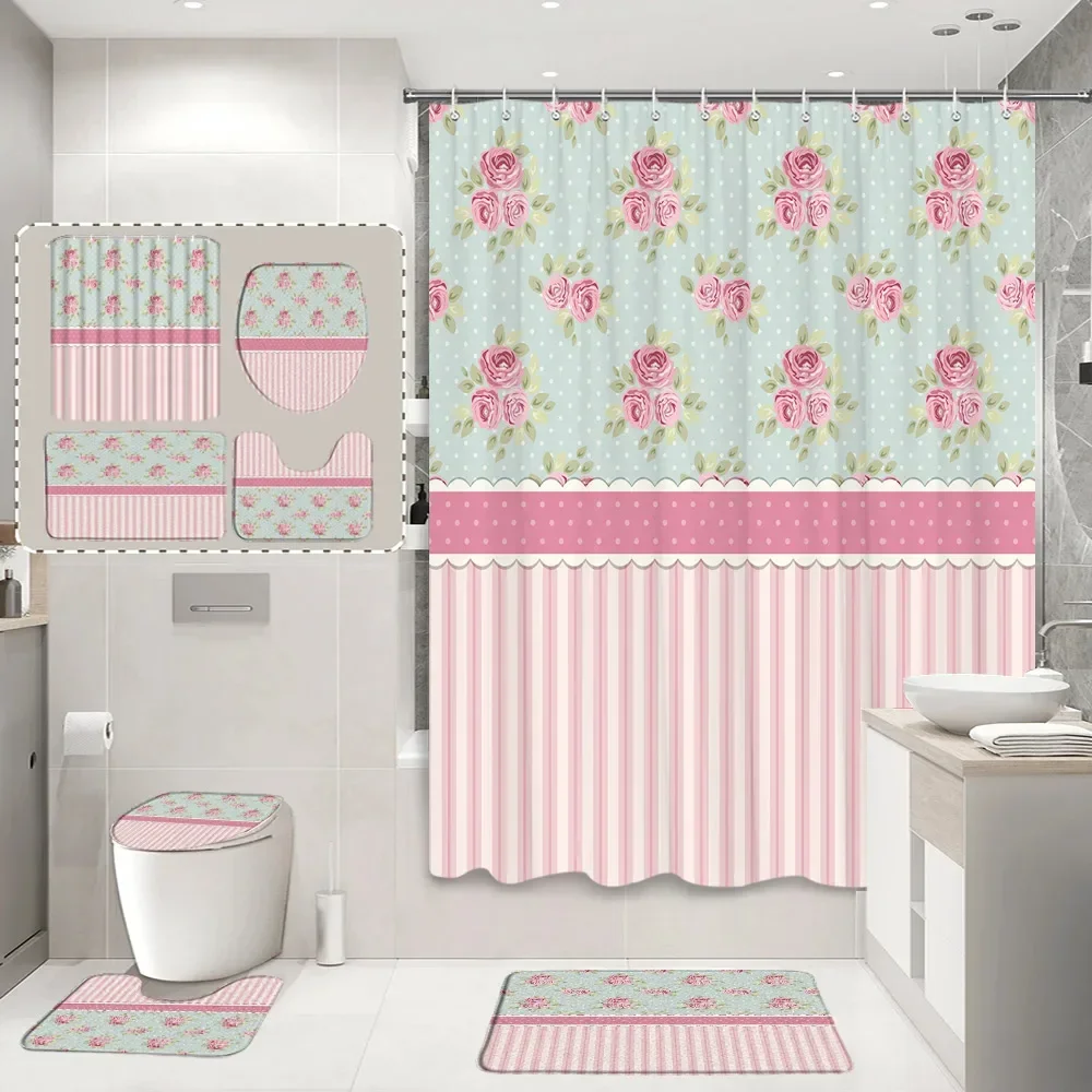 Pink Bow Shower Curtain And Rug Bathroom Set Striped Love Lace Gift Polyester Shower Curtains Bath Mat Bathroom Decor With Hooks