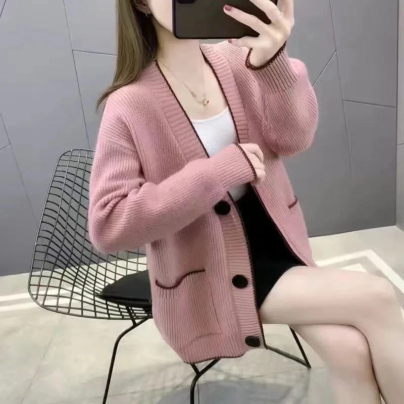 Mulheres outono inverno novo coreano malha cardigan camisola casaco feminino solto encaixe única fileira fivela de malha cardigan jaqueta