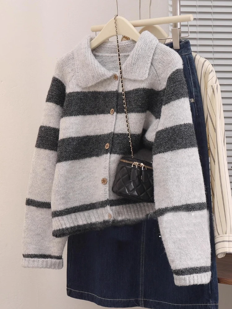 

Korean Retro Contrast Color Long Sleeved Cardigan Striped Turndown Collar Sweater Women's Autumn Loose Single Breasted Sweater
