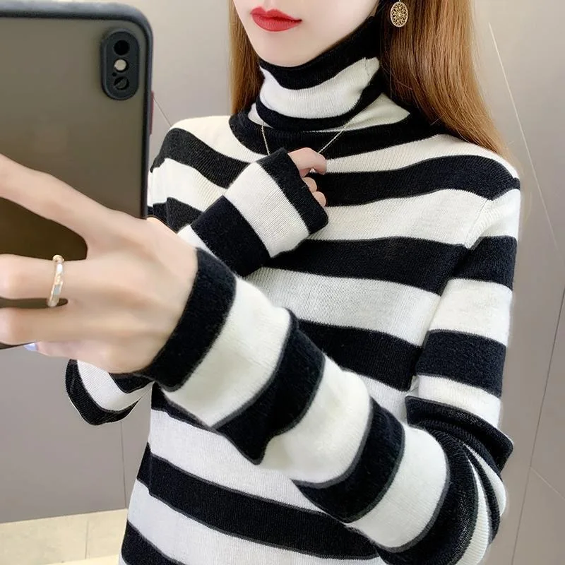 

Faionable женский трикотаж с высоким воротником в полоску, внутренняя одежда, основа irt, осень-зима, Thiened Long Sve, обычная длина