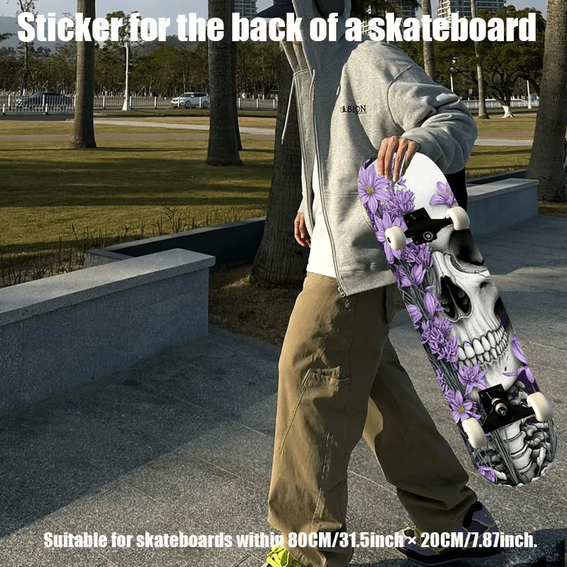 

1 плоская наклейка на заднюю панель скейтборда «Punk Street Full of Creative Skeletons and Purple Flowers», в стиле стрит-арт, подходит для скейтбордов.
