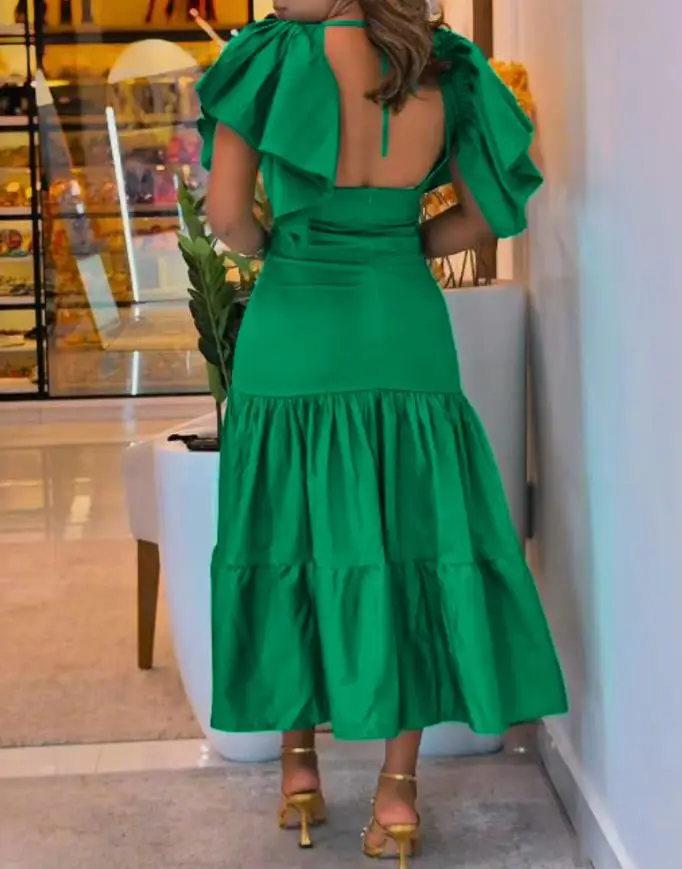 

Dresses Women Summer V-Neck Ruffles Flutter Sleeve Casual Dress Vacation Fashion Women's Sexy Backless Ruched Party Dresses