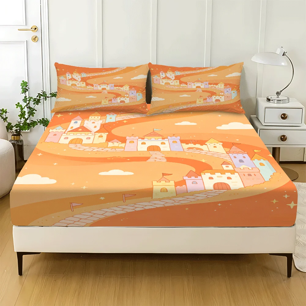Minimalist Home-Style Mattress Protector, 1 Fitted Sheet + 2 Pillowcases (Without Filling) 2D Flat Printing, Mattress Cover, Fitted Sheet Cover, Mattress Protector, Elastic Fitted Sheet Cover, King/Twin/Queen Size Three-Piece Comfortable Decorative 2D Printed Bedding Set, Includes Deep Pocket Fitted Sheet and Two Pillowcases, Does Not Include Pillow Inserts, Machine Washable - view 2