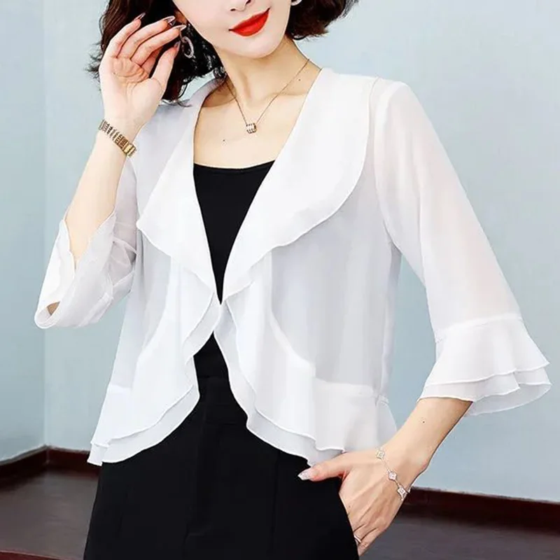 Elegant V-Neck Solid Color Ruffles Flare Sleeve Shirt Women\'s Clothing 2023 Summer New Casual Tops Loose Office Lady Blouse