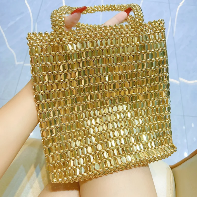 

Новая Сумка Ручной Работы с Золотым Блеском, Расшитая Бисером, Сумка-Багет, Сумка для Покупок, Сумка на Одно Плечо
