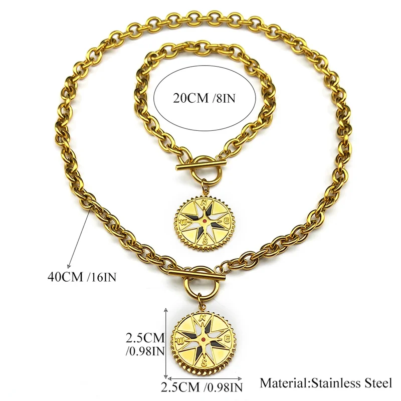 Fashion Gear Compass Pendant Jewelry Set Women Men Stainless Steel Gold Color Enamel Choker Necklace Bracelet Set Jewelry Gift