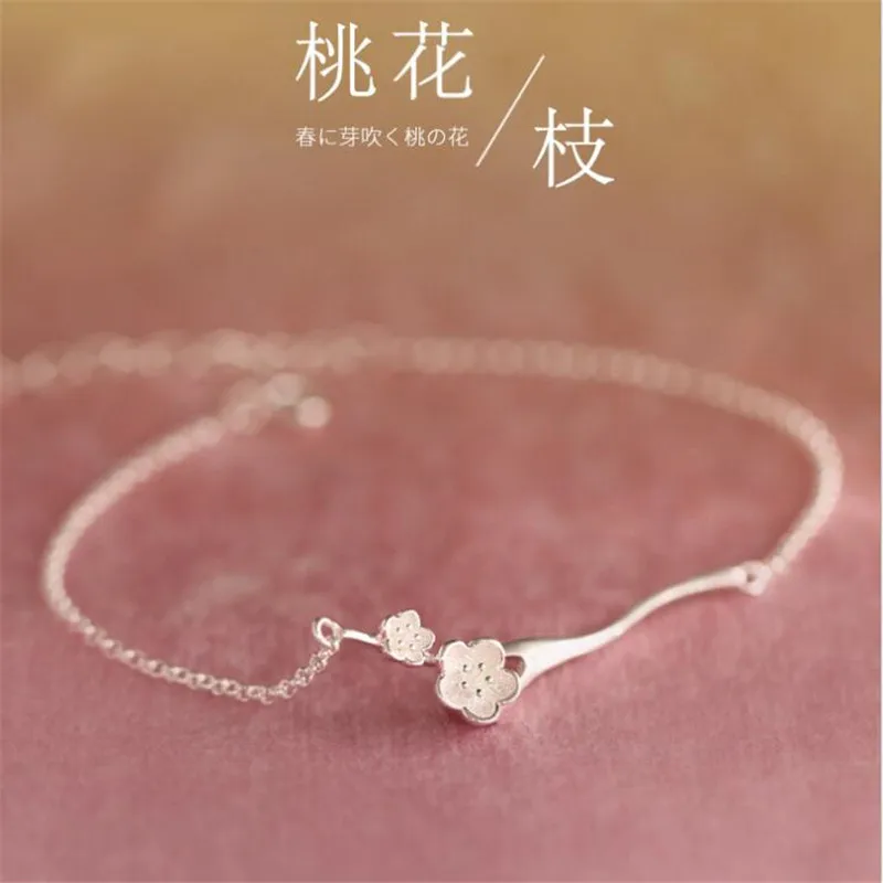 New Fashion Peach Branch Cute Literary Fresh Flowers 925 Sterling Silver Jewelry Cherry Blossom Women Bracelets SL085