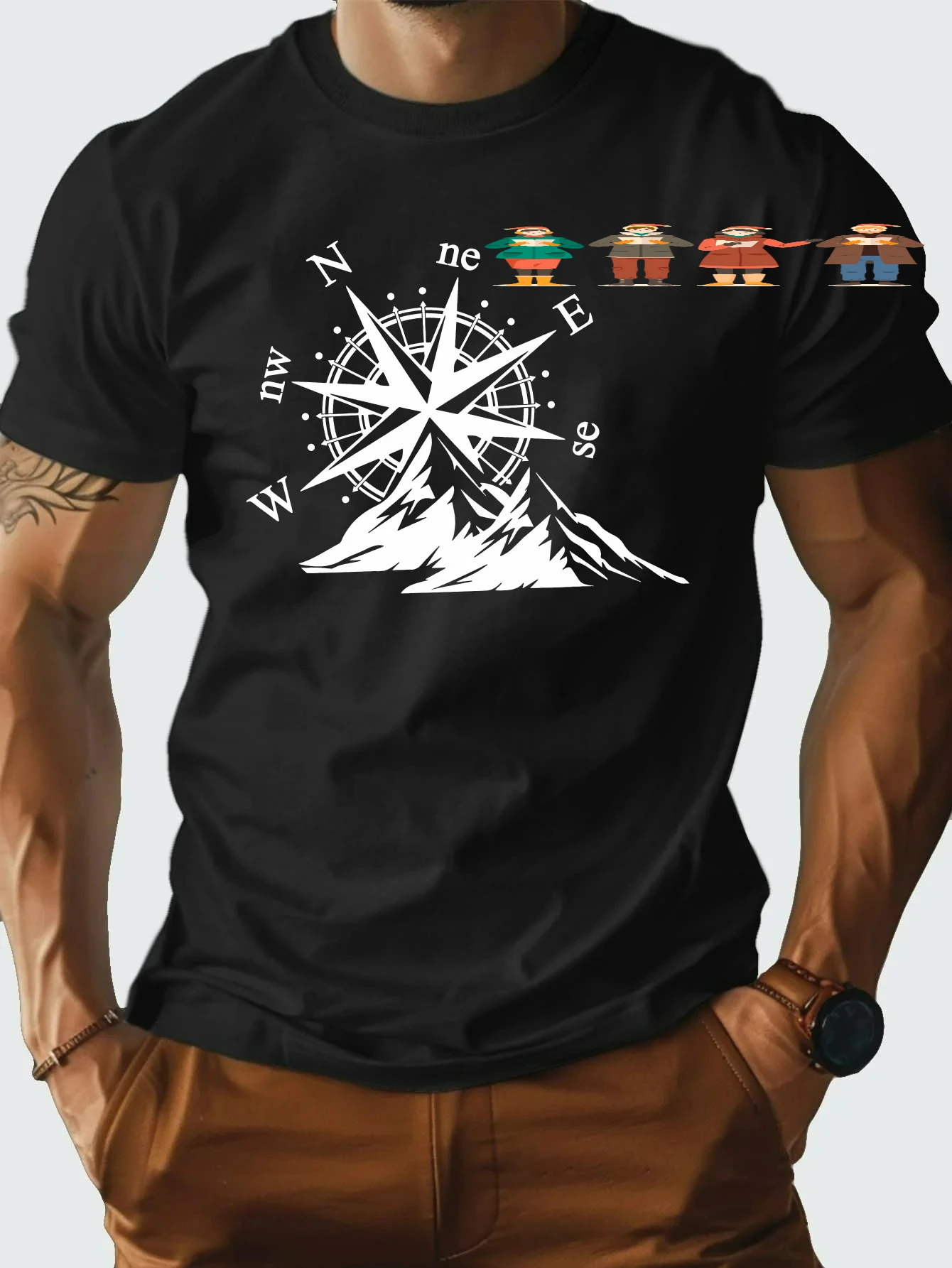 Adventure Design Compass Mountain Graphic T-Shirt 100% Cotton O-Neck Short Sleeve Summer Casual Mens T-shirt Streetwear