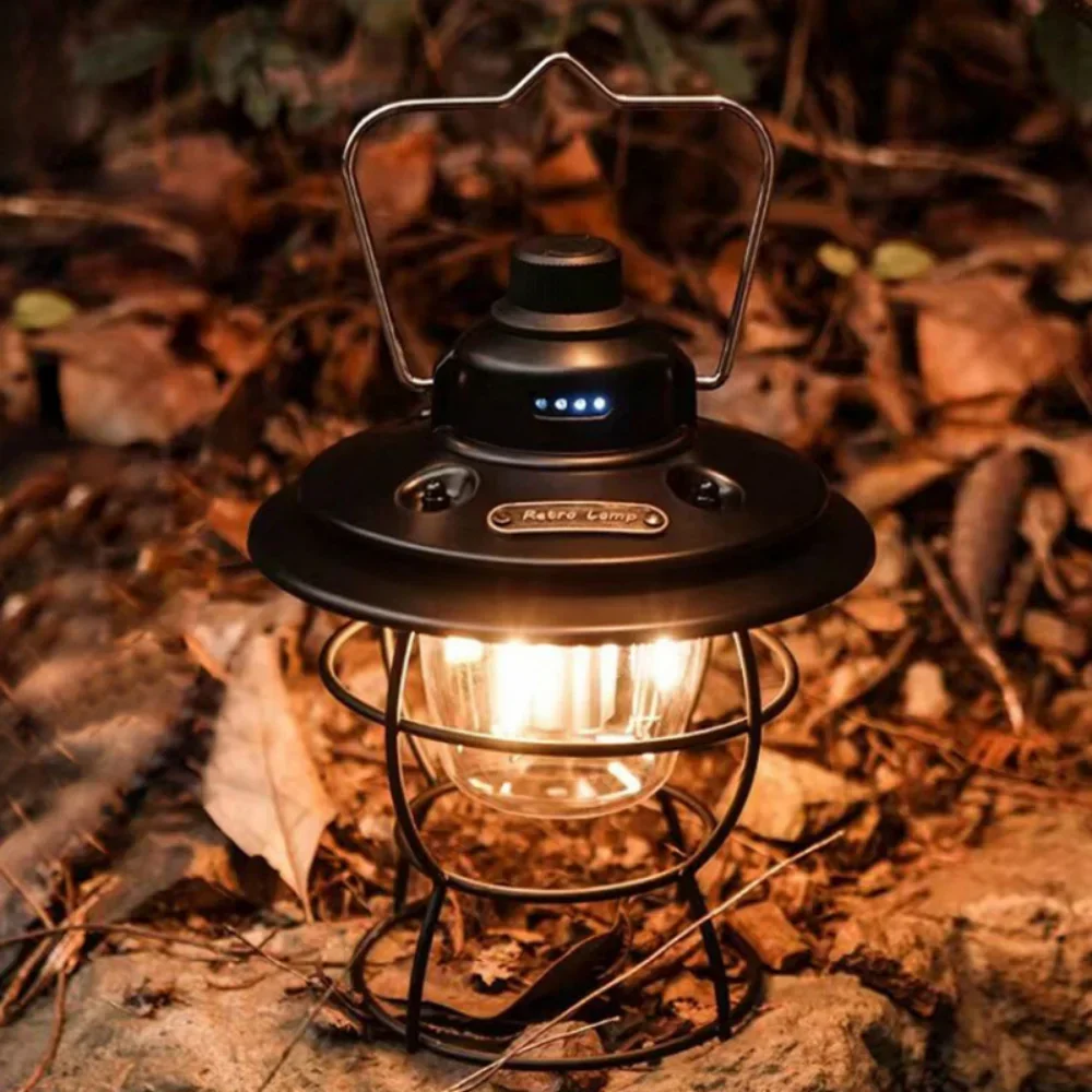 Rechargeable Retro Portable Camping Lantern Light Hanging Lamp Outdoor Light Household 3 Modes Dimmable Flashlight with USB