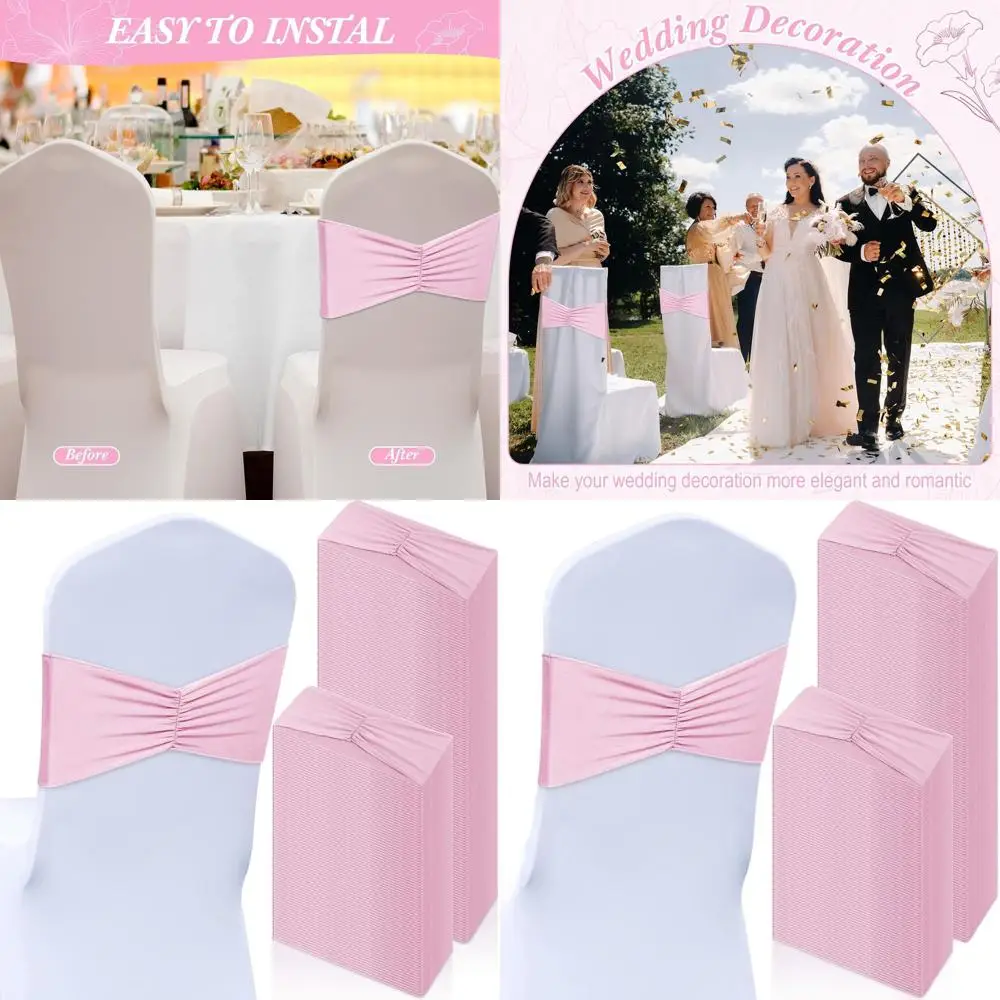

100pcs Light Pink Spandex Chair Sashes Bows with Elastic Bands for Wedding and Party Chair Decorations