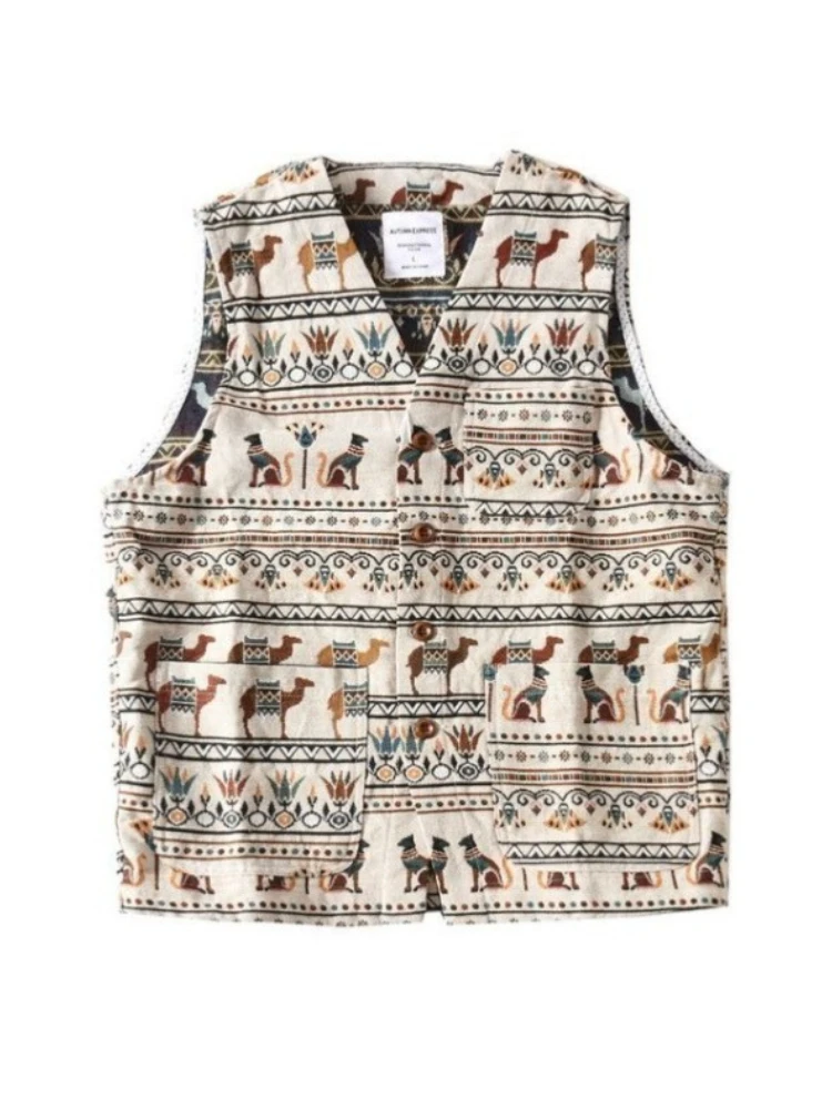 Men's Artistic Floral Vest Jacket Vintage Ethnic Travel Layering Sleeveless Tank Top Fashion for Spring Autumn Waistcoat Chic