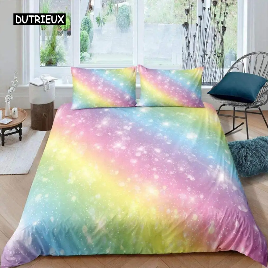 

Rainbow Duvet Cover Colorful Fantasy Rainbow Stars Girl Comforter Cover Double King Queen For Kids/Adults Microfiber Quilt Cover