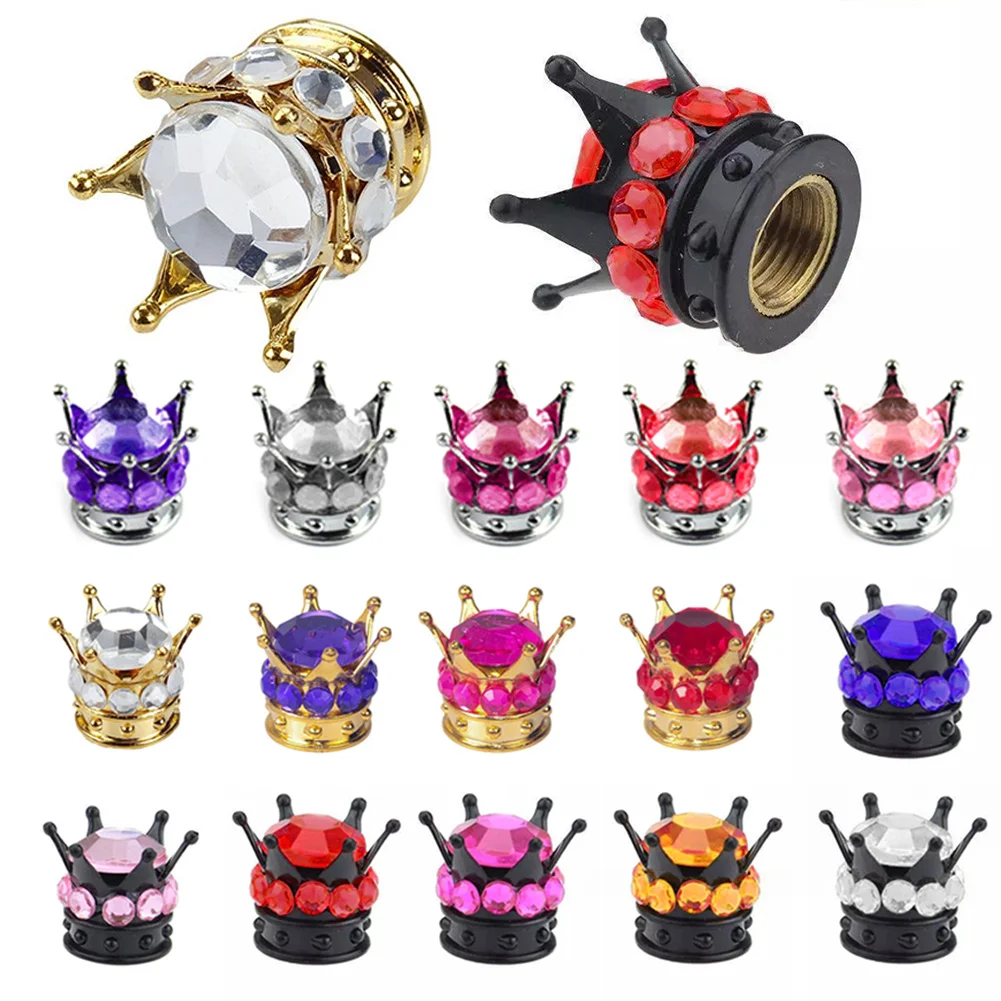 4PCS Wheel Tire Valve Caps Cover Crown Shape Bling Diamond Tyre Stem Dust Valve Caps Truck Car Motorcycle Bicycle Air Cover