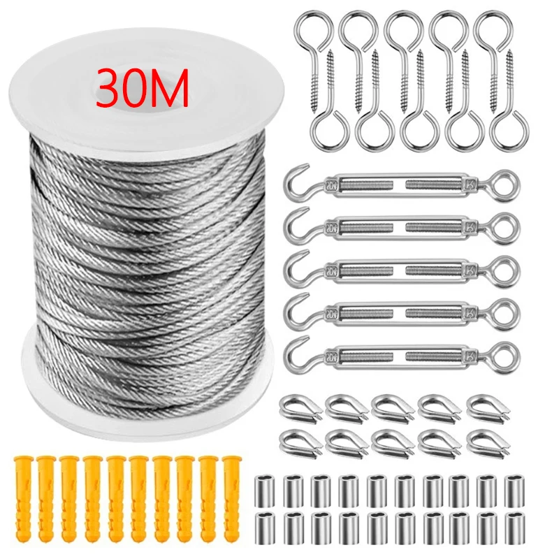 30M Stainless Steel Wire Rope Kits Wire Rope Cable Hooks Hanging Clothesline Outdoor Garden Balcony Cable Guardrail Tighter Set