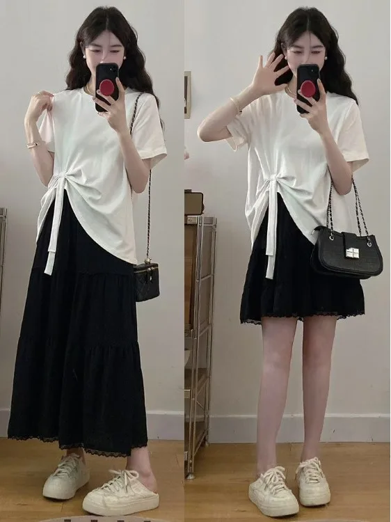

Summer New plus Size Women's T-shirt with Bowknot Loose Style Floral Cake Skirt Knot Top Casual Korean Fashion