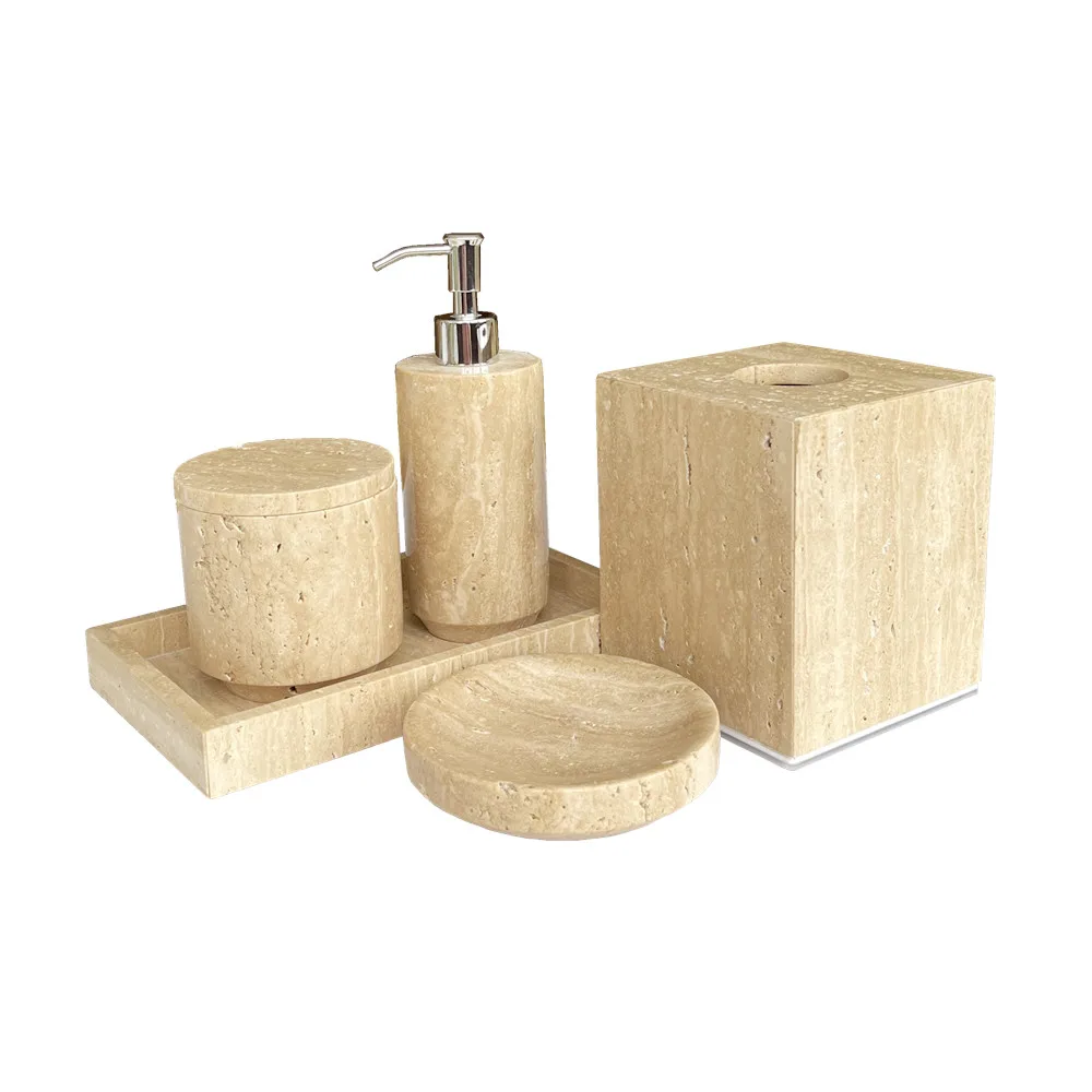 Wholesale 5 pcs/set Wabi-sabi Beige Yellow Natural Marble Travertine Stone Bathroom Set Sundry Storage Tray Tissue Box Dispenser