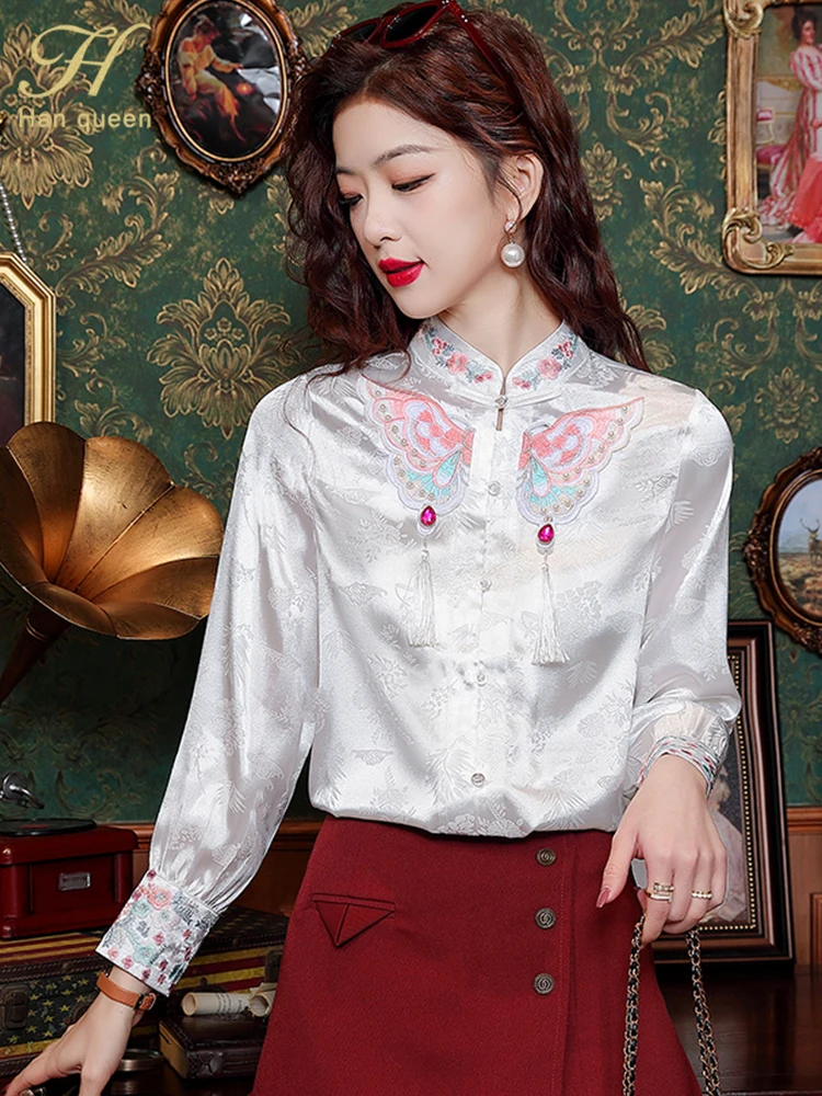 H Han Queen 2024 Autumn Blouse Women Embroidery Beading Shirts Office Work Blouse Long Sleeve Vintage Loose Tops Woman Clothing