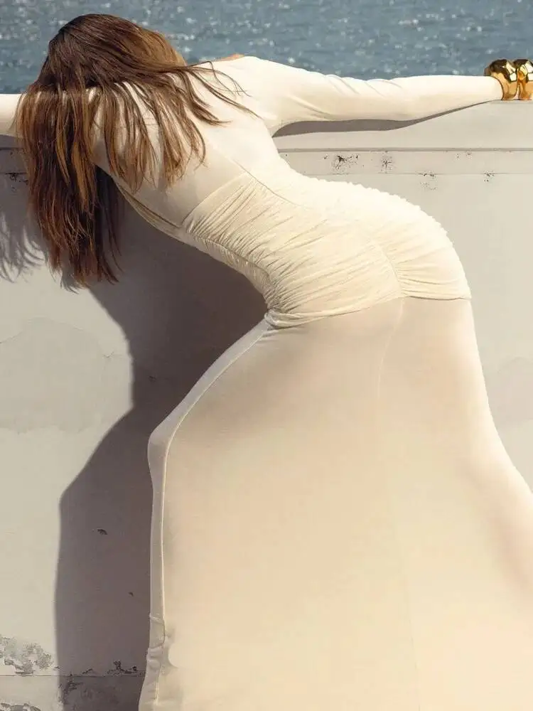 Elegante malha retalhos manga longa bodycon festa clube vestido de noite sexy dupla camada perspectiva vestido outono roupas iw56