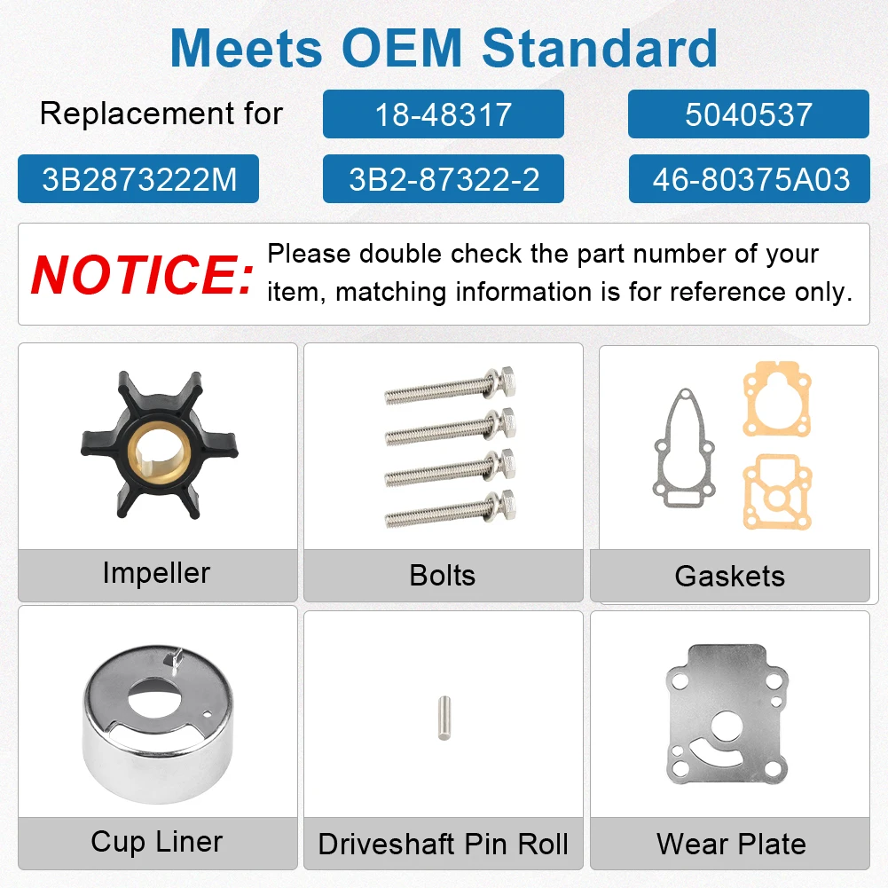803750A03 3B2-87322-2 Outboard Water Pump Repair Kit For Nissan Tohatsu 8 9.8 HP M8B M9.8B NS8B NS9.8B & Mercury Outboard