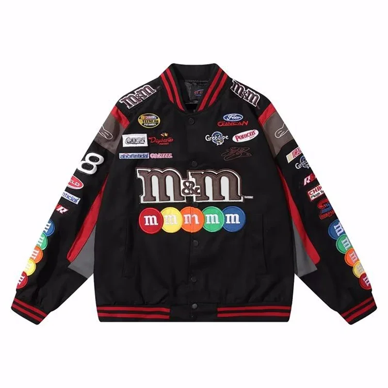 Hip Hop Baseball Jacken Männer Frauen High Street M & M Stickerei Motorrad lose Bomber Mäntel Harajuku Retro Racing Uni Jacke