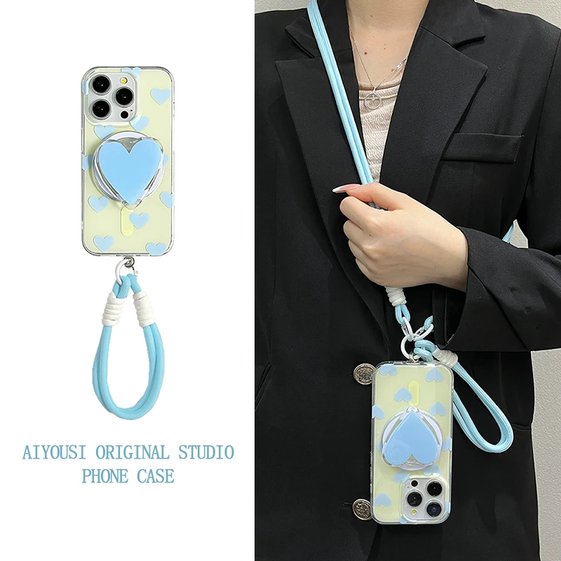 

Полноэкранная сине-желтая магнитная подставка с сердечком для iPhone 15, чехол 14 13 pro max creative 12 pro max crossbody 11, защита от падения