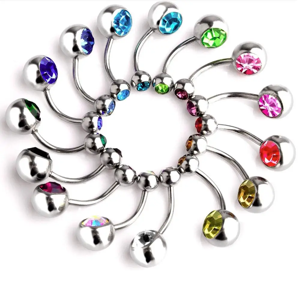 30pcs Piercing Navel Surgical Steel Single Crystal Rhinestone Colorful Shiny Belly Button Rings Navel Piercing 5/8mm Ball