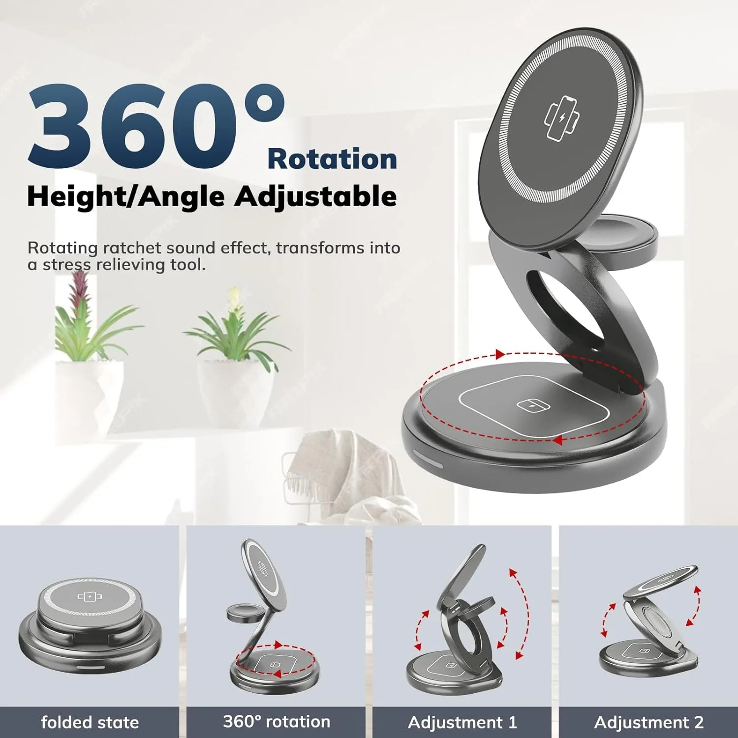 แท่นชาร์จไร้สายแบบแม่เหล็กพับได้3 in 1, แท่นหมุนแบบพกพาสำหรับ iPhone 15 14 13 12 PRO MAX iWatch 9 8 airpods