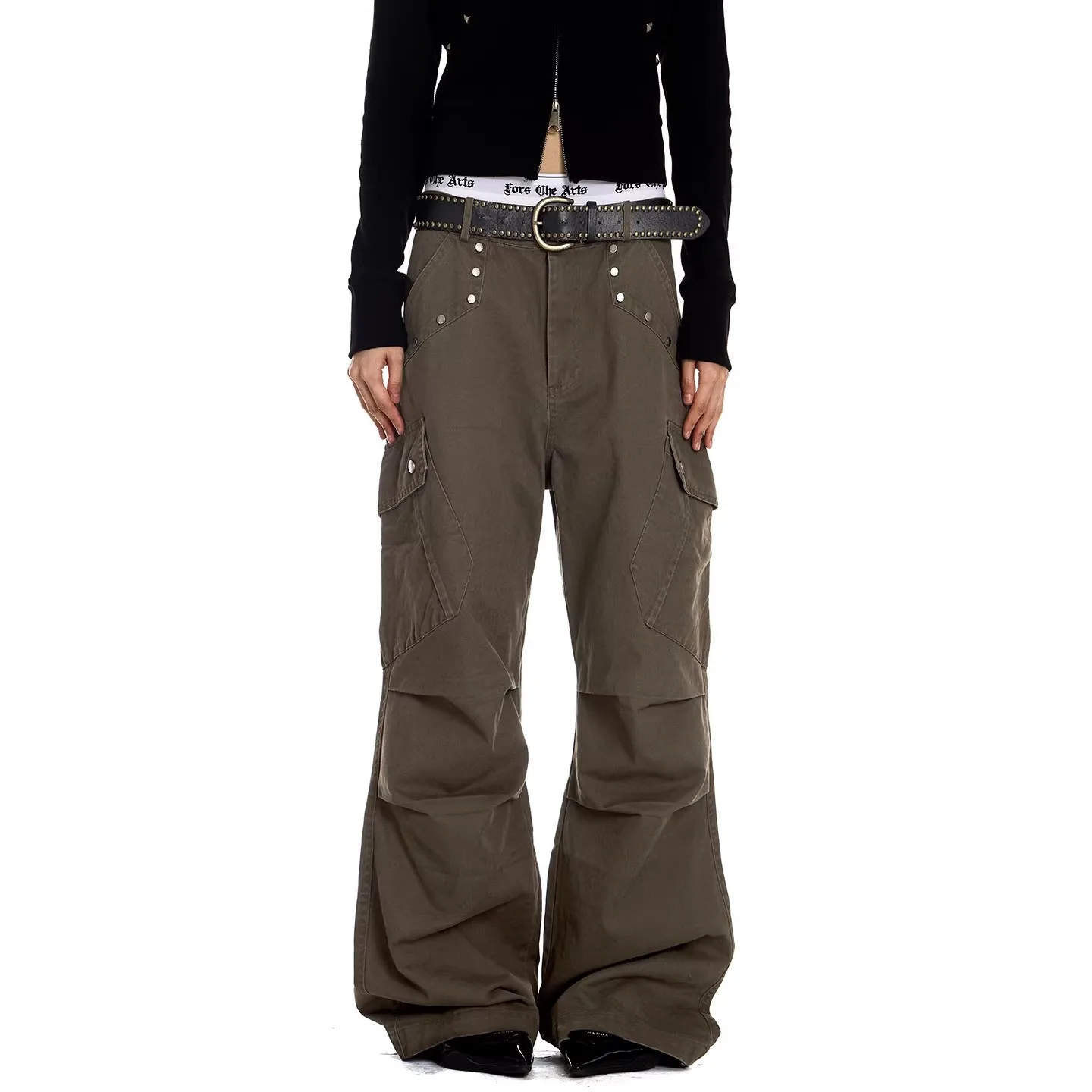 Retro Rivet Pleated Tooling Micro-pull Pants Autumn Multi-pocket Design Drape Casual Trousers