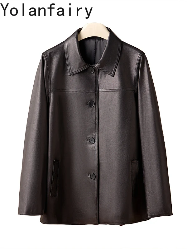 YOLANFAIRY 2025 Primavera Autunno Vera pelle di pecora Giacca di pelle genuina Donna High-end Vintage Cappotto di pelle nera Jaqueta Feminina