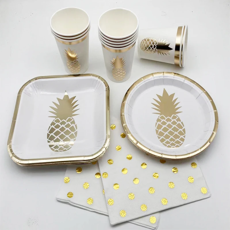 10Pcs Hot Stamping Pineapple Square Round Disposable Paper Plate Cup Napkin Summer Birthday Party Hawaiian Fruit Party Decor