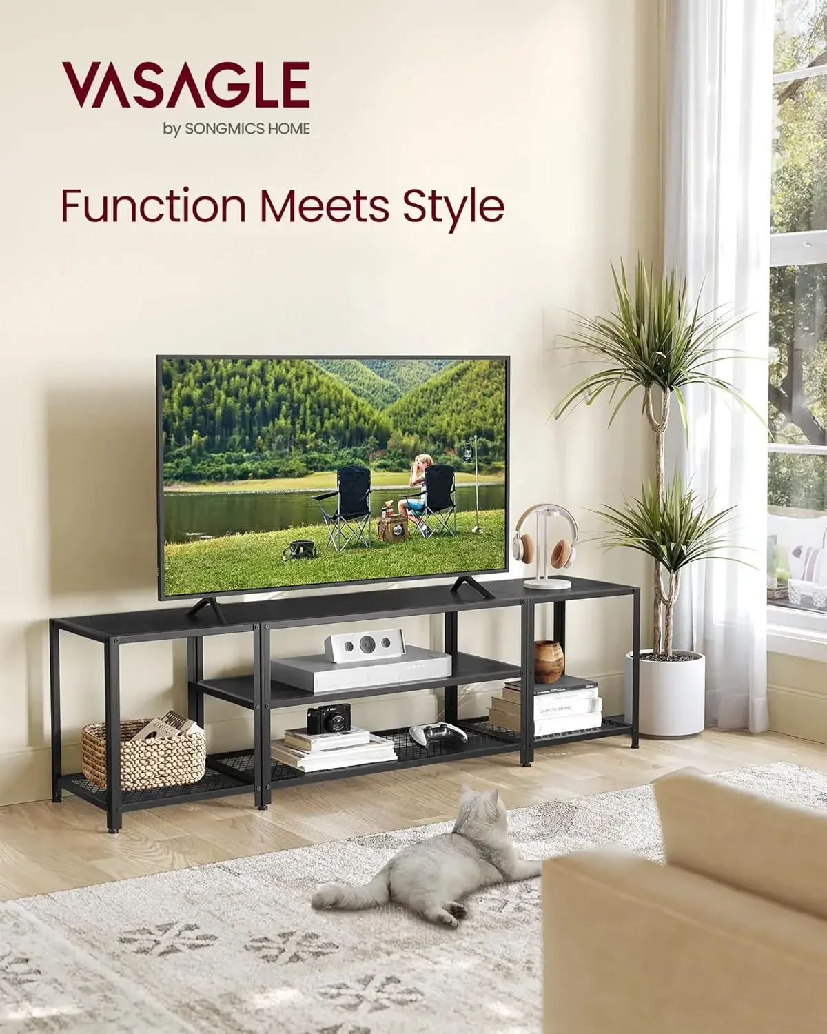 

Modern TV Stand for TVs up to 75 Inches, 3-Tier Entertainment Center, Industrial TV Console Table with Open Storage Shelves