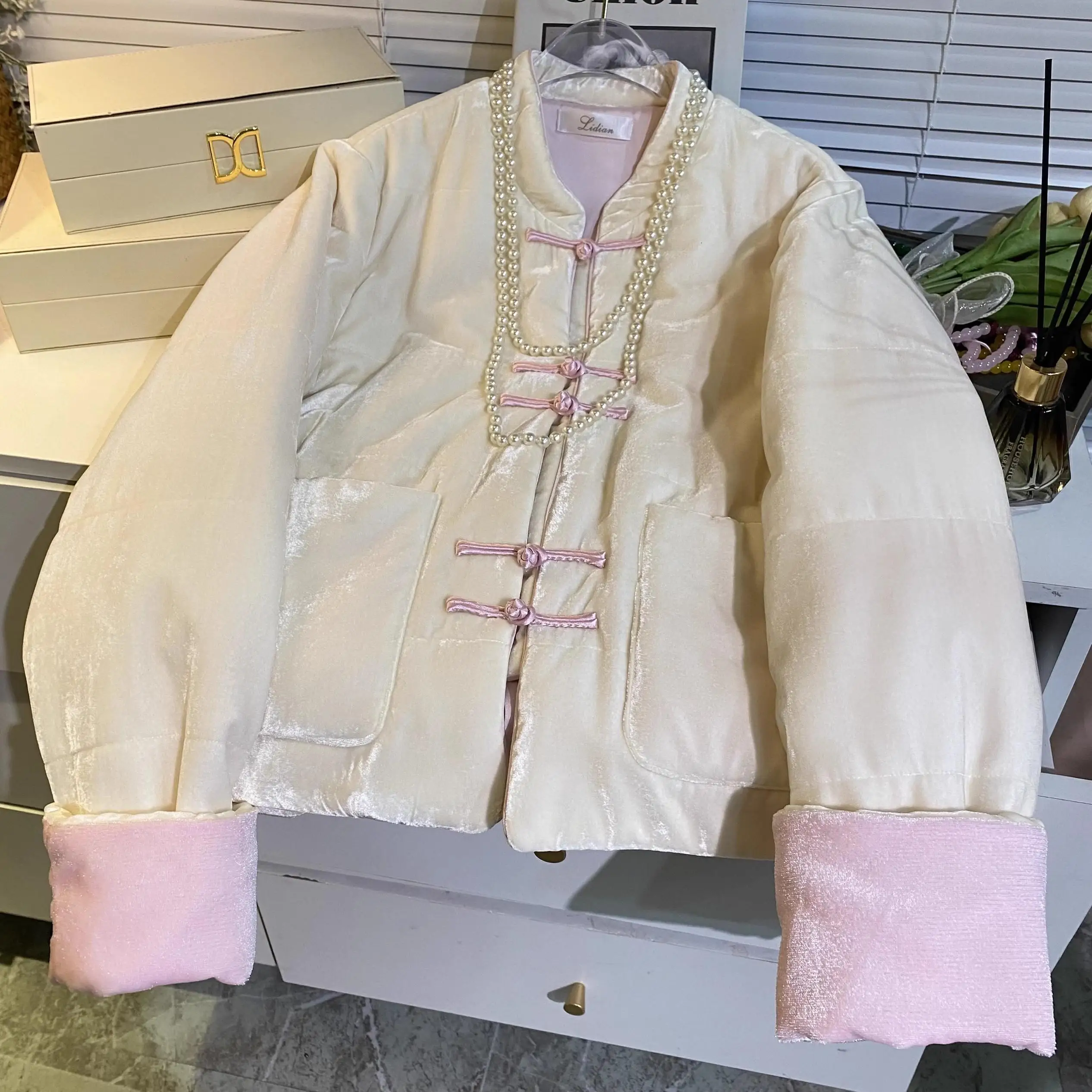 여성용 티엔드 코튼 패딩 자켓 빈티지 벨벳 루즈 아우터웨어 겨울 신상 스플라이싱 레트로 올매치 중국 스타일