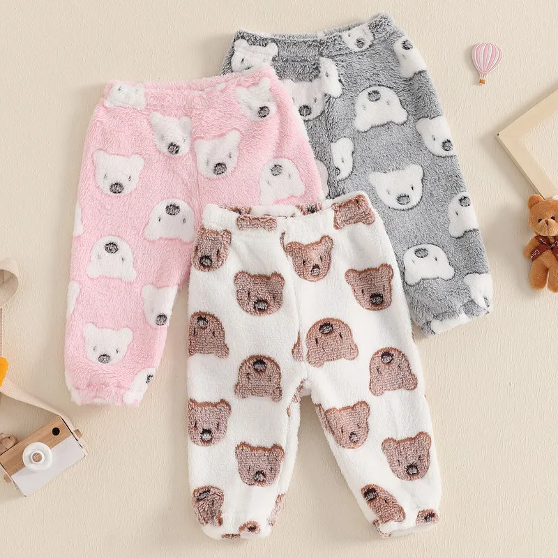 RUEWEY 6 Months to 3 Years Baby Pajama Pants Autumn Winter Clothes Elastic Waist Cartoon Bear Furry Lounge Pants Sleepwear