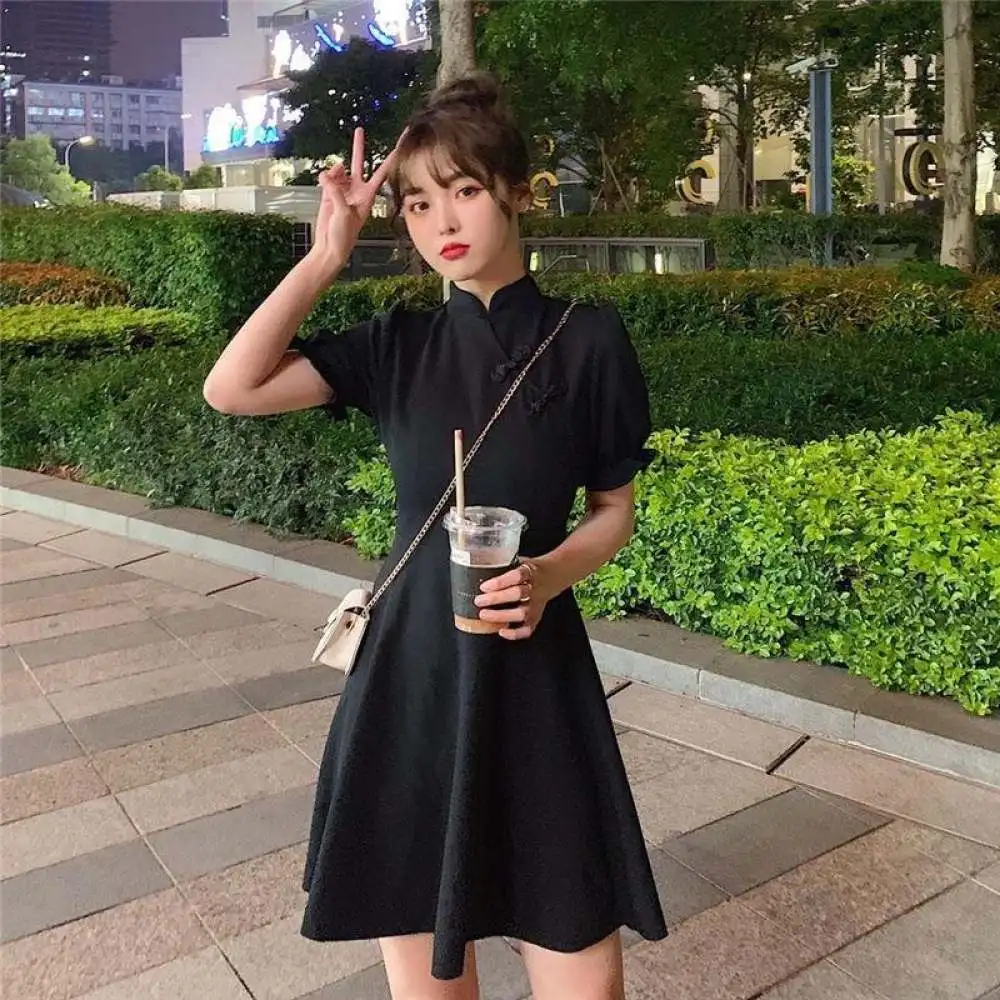 Vintage Modified Cheongsam Dress Women French Tea Break Style Red Puff Sleeve Slim Fit Midi Dresses Elegant Chinese Knot Summer