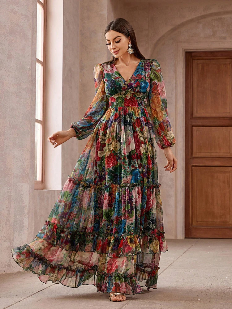 TOLEEN 2024 New Casual Elegant Boho Vacation Party Dresses Women\'s Vintage Floral Print Long Sleeve Frill Trim Summer Maxi Dress