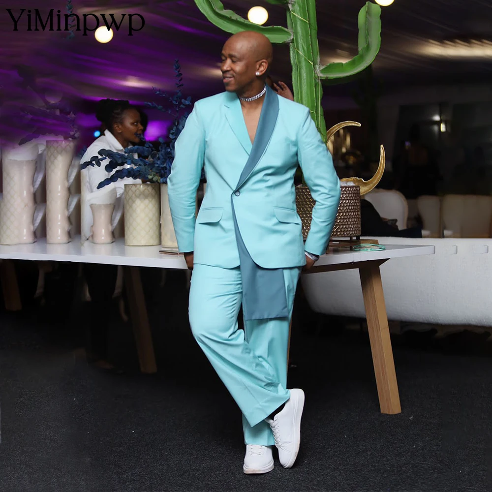 

YiMinpwp Sky Blue Men's Suit 2 Pieces Notched Contrast Lapel Satin Groom Suit for Wedding Set Tailored Bridal Party Suit XS-5XL