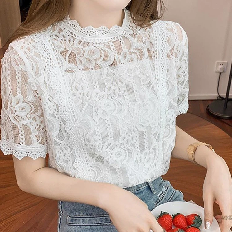 Lace Blouses Women Elegant Design Daily All-match Stylish Stand Collar Summer Breathable Korean Style Female Simple Pure Basic