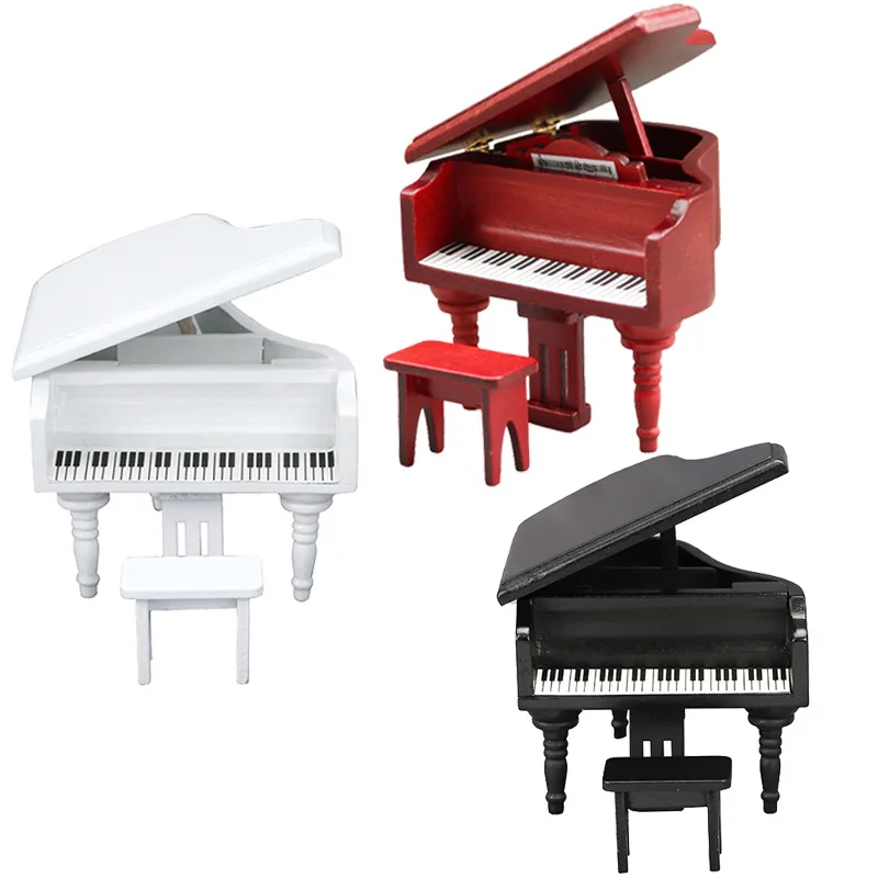 1pc 1/12 Scale Mini Simulation Wooden Grand Piano with Stool for 1/12 Doll House Accessory