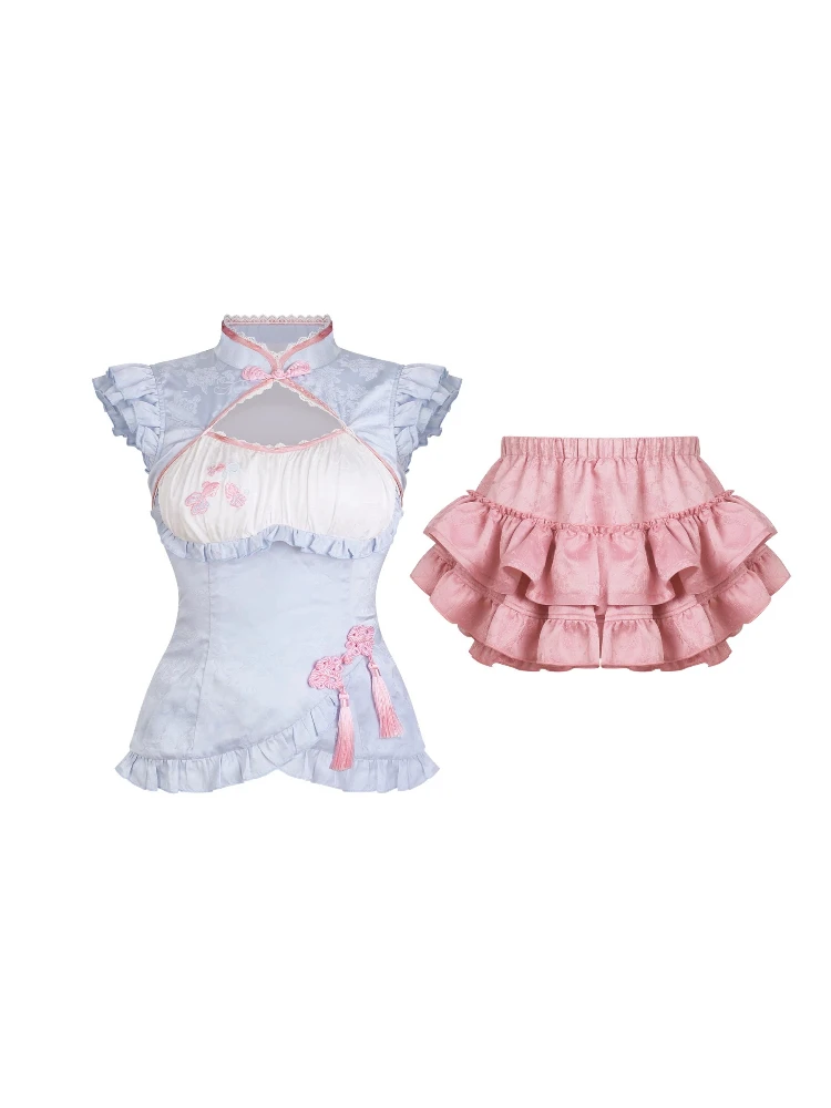 ใหม่Elegant Sweet Retro 2 ชิ้นชุดชุดสตรีแขนกุดเอวSlim Top + มินิโบว์เค้กกระโปรงHarajuku Kawaiiฤดูร้อนชุด 2025