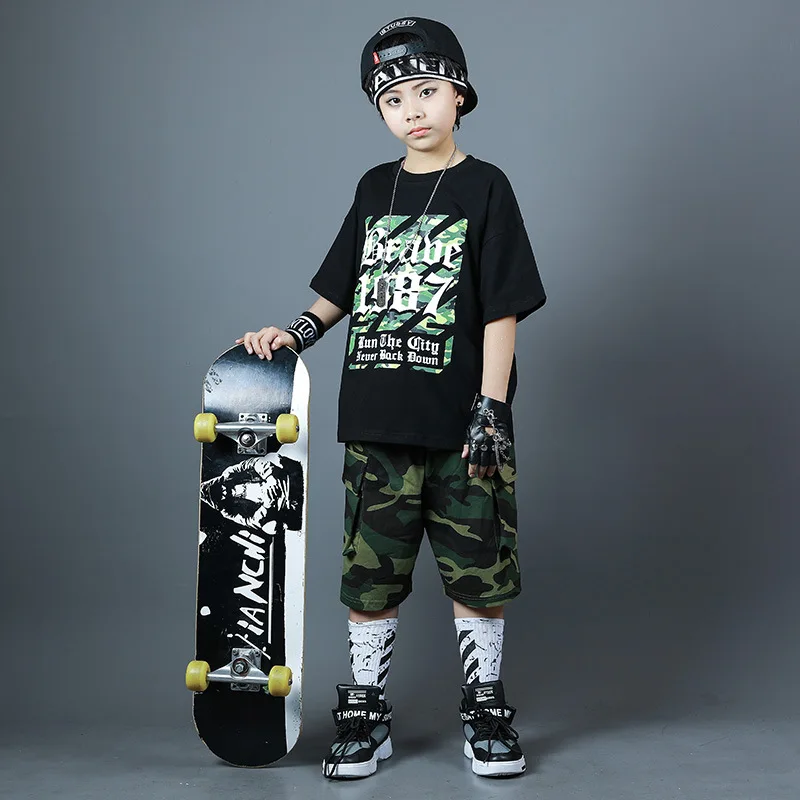 Hip-hop Performance Clothes, Summer Drum Kit, Boys Skateboard Practice Clothes, Loose Sportswear, 4-15 Years Old