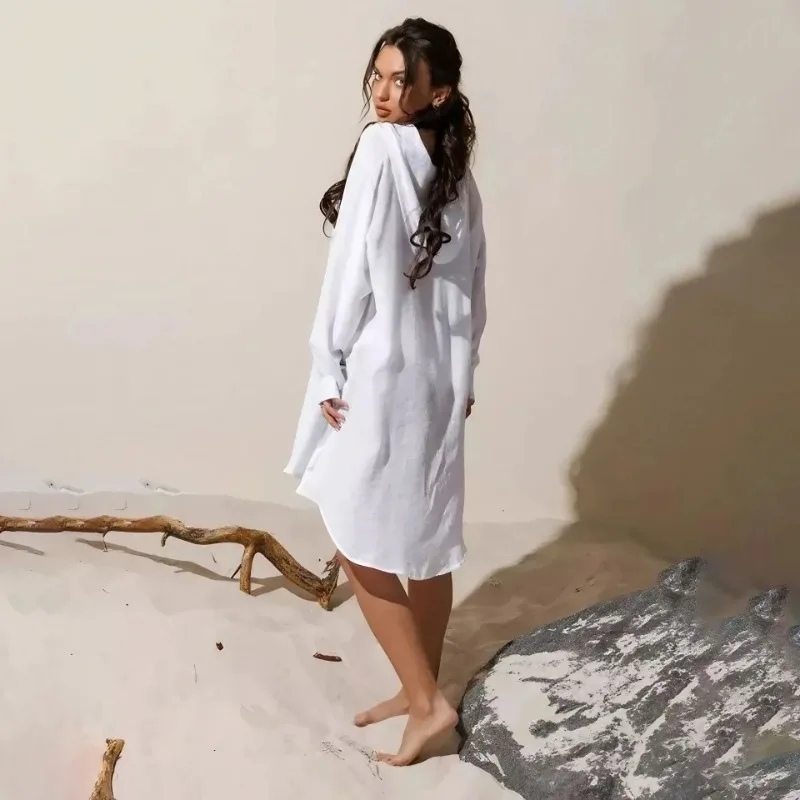 2025 Summer Women Solid Vacation Shirts Dress Fashion Long Sleeve Single Breasted Hooded Holiday Beach Cover Ups Bikini Sarong