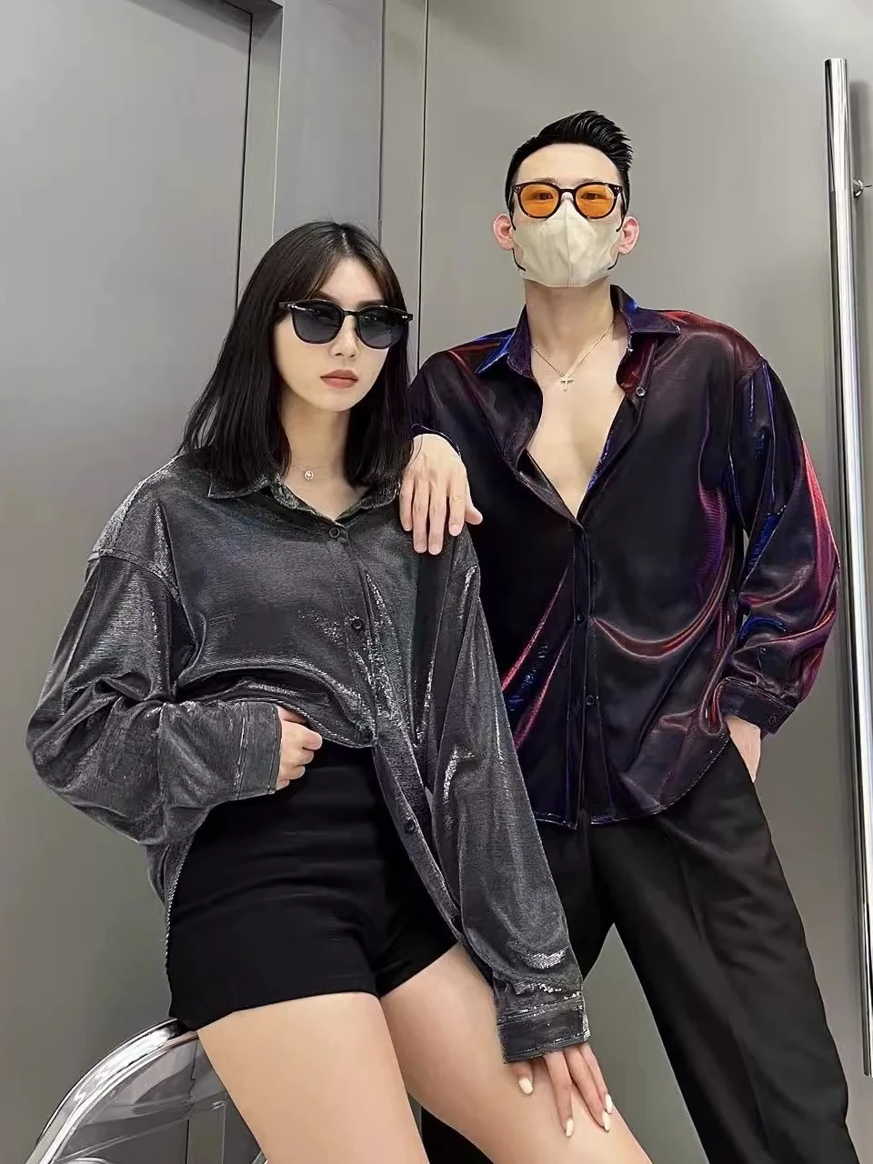 

Future Sensation Liquid Comatic Loose Long Sve Men's irt Disco Nightclub Performance Reflective Glossy Youth Faion